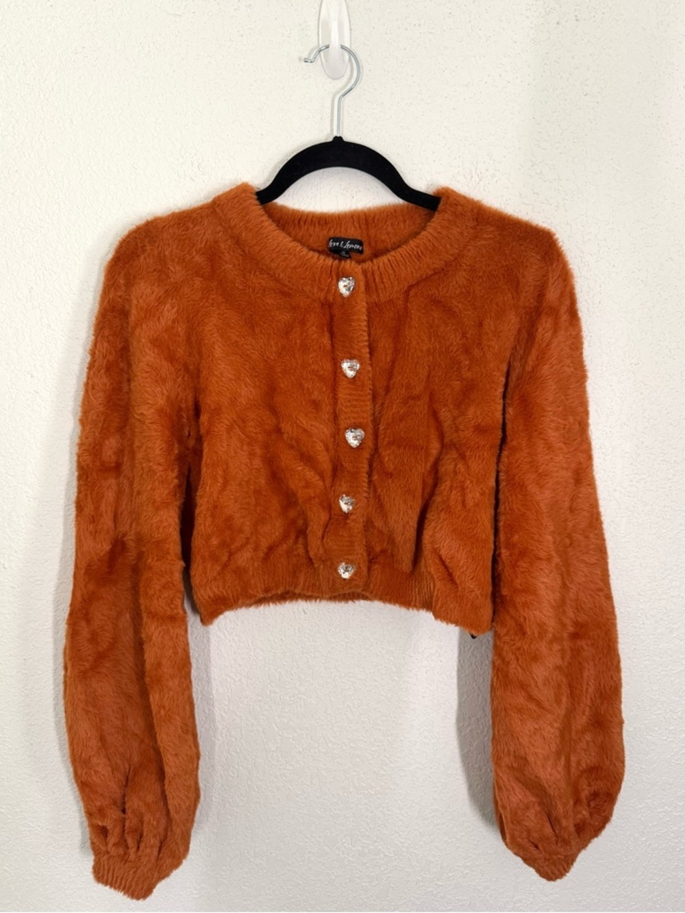 For Love & Lemons Myriam Heart Crystal Cropped Cardigan Sweater Orange Medium - Picture 2 of 6